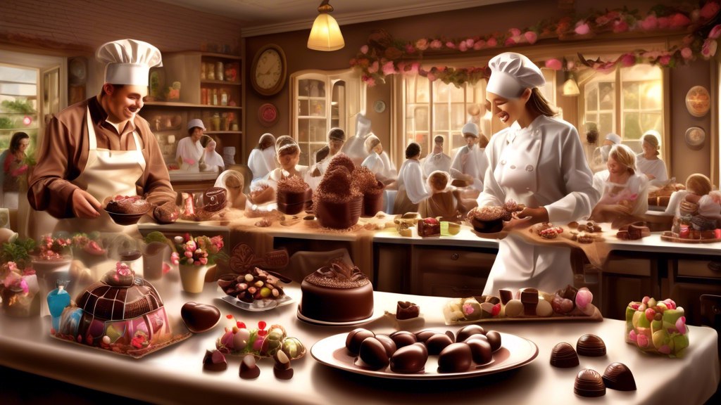 An artistic representation of global celebrations involving chocolate, showcasing scenes of Easter egg hunts in a western park, romantic Valentine