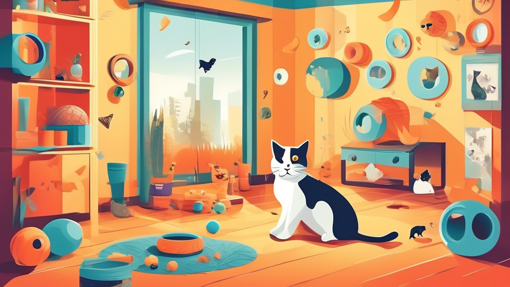 Create an image showing a cat-friendly environment with various deterrents and positive reinforcement techniques, such as scratching posts, toys, and treats strategically placed around the room to prevent future incidents of cat spraying in the house.