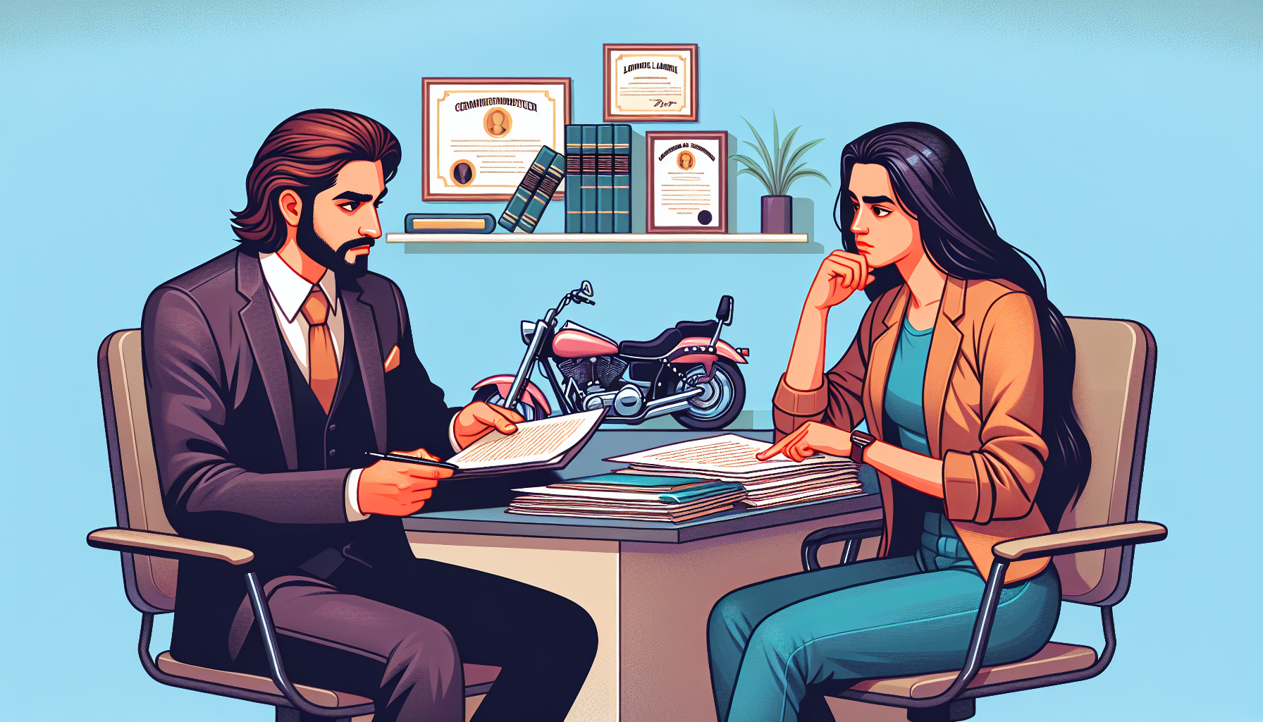 Image of a person sitting at a desk with a stack of legal documents, pensively consulting with a motorcycle accident lawyer who is explaining a document. Both individuals are in a well-lit, professional office environment, indicative of a serious legal consultation. The lawyer, displaying confidence and expertise, points to a section of the document, while the client, showing a focused expression, listens intently. In the background, there are visible certifications and legal books related to motorcycle law.
