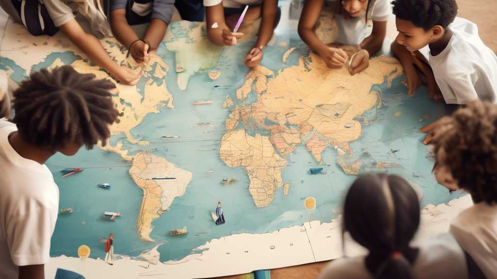 An image of a diverse group of students gathered around a large world map, pointing at different locations and discussing what they see. The students should appear engaged and excited as they explore the map together in a classroom setting. The image should convey a sense of curiosity, collaboration, and hands-on learning through the use of educational maps.