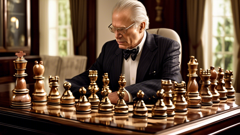 An elegantly designed room with a luxurious ambiance, featuring a high-end chess set on a polished wooden table, the light casting gentle glows on the meticulously crafted chess pieces made of exotic woods and precious metals. A distinguished elderly gentleman in a tasteful suit contemplates a move, exemplifying the aesthetic and functional benefits of owning such a masterpiece in a sophisticated home setting.