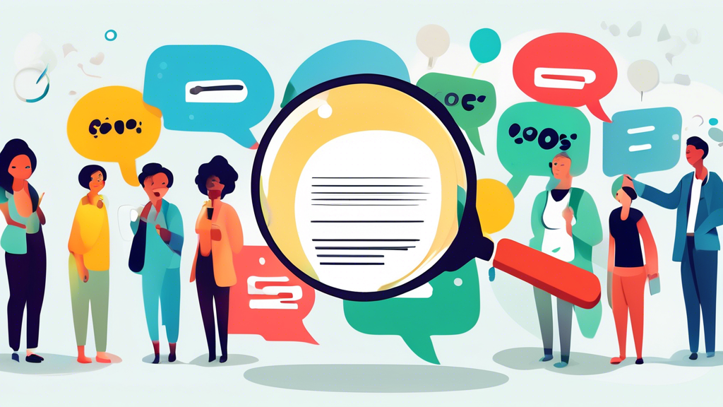 A collection of diverse customer reviews, represented by speech bubbles with positive, negative, and neutral feedback, floating around a magnifying glass inspecting the website Customlanyard.net