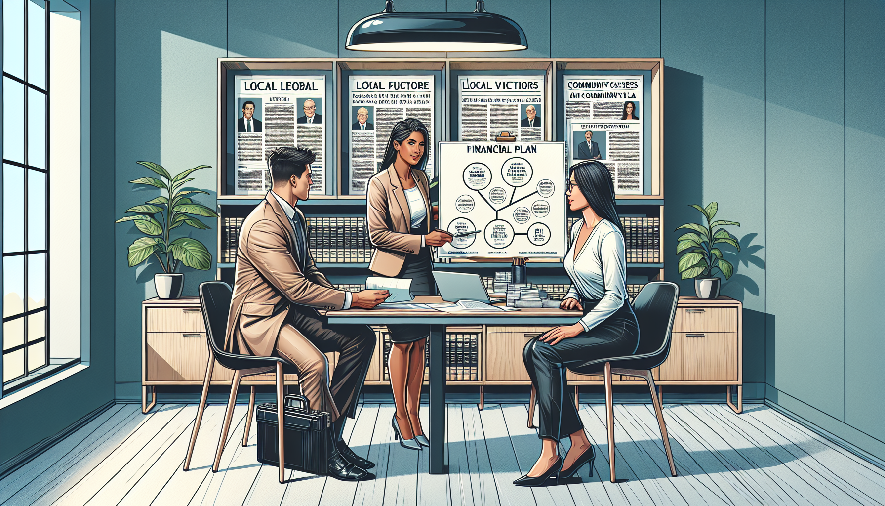 Create an image of a confident and approachable lawyer sitting across the table during a consultation in a well-lit, modern office setting. The lawyer is presenting a clear, transparent fee structure chart to a diverse couple who recently experienced a car accident. The room includes subtle elements that signify the lawyer