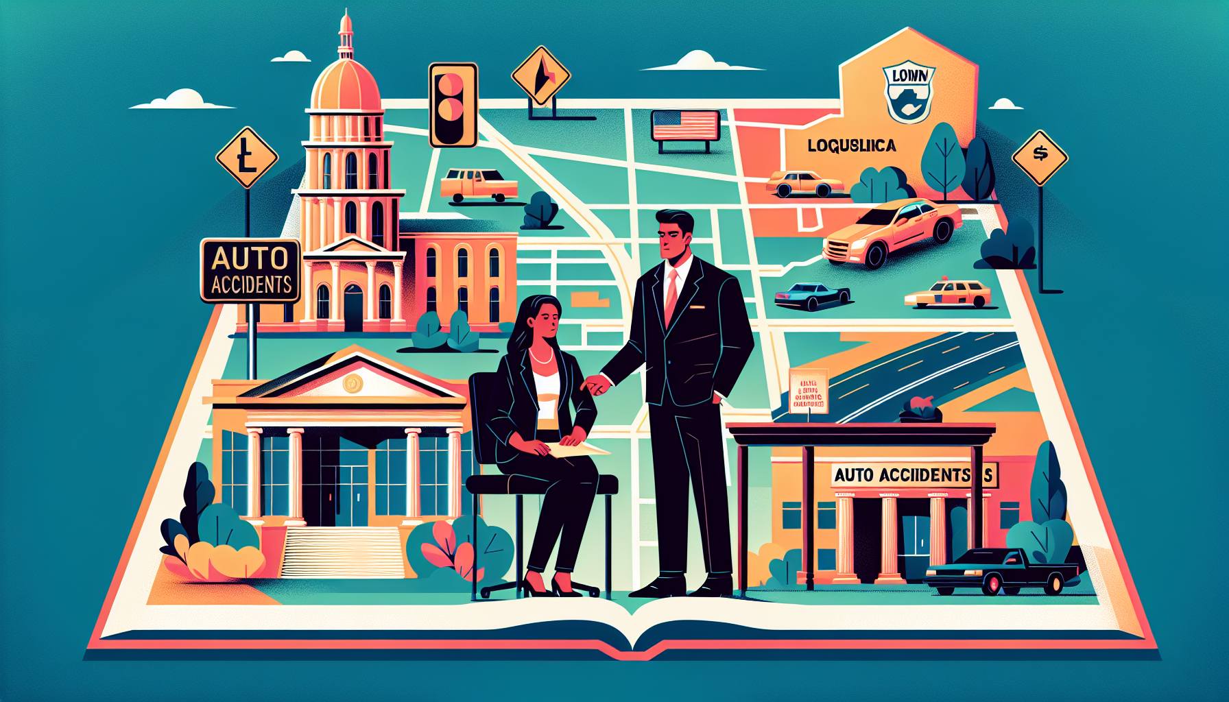 An illustrated map of a local town with highlighted law firms specializing in auto accidents, showing a lawyer consulting with a client in a nearby court, surrounded by regional landmarks and traffic signs, emphasizing the theme of familiarity and expertise in local law.