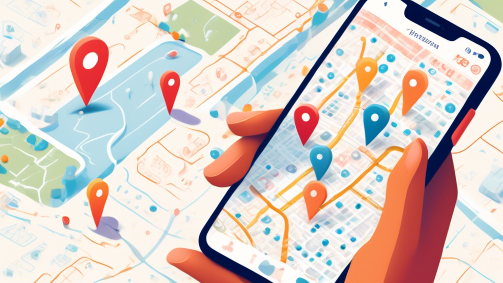 Digital illustration of a person using a smartphone to navigate a user-friendly app interface that displays a map with pins marking local clinics offering $50 DOT physicals, highlighting various search filters and comparison features to find the best deal.