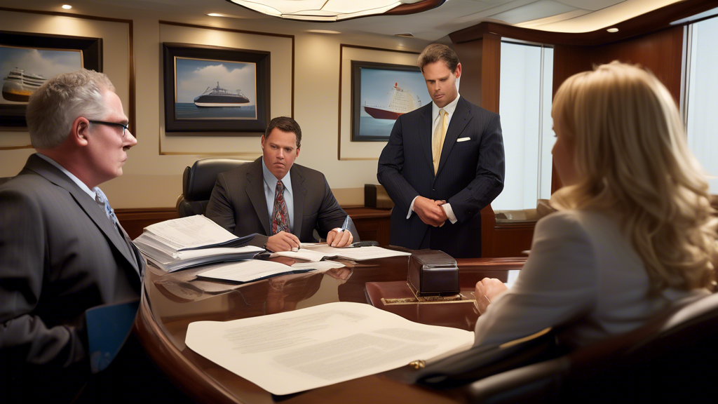 DALL-E generate an image of a professional office scene where a client, visibly distressed from a cruise ship accident, is consulting with a knowledgeable cruise ship accident attorney. The attorney, exuding confidence and expertise, listens attentively while reviewing documents that detail past successful cases. The office is decorated with maritime law certificates and awards, showcasing the attorney’s experience and reputation. Nearby, a digital display shows positive client testimonials and a desk plaque reads 