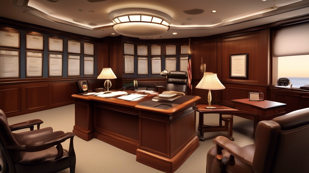 DALL-E prompt: Illustrate a professional scenario inside a law office, where a client is sitting across from a cruise ship accident attorney in a calm and organized setting. On the attorney