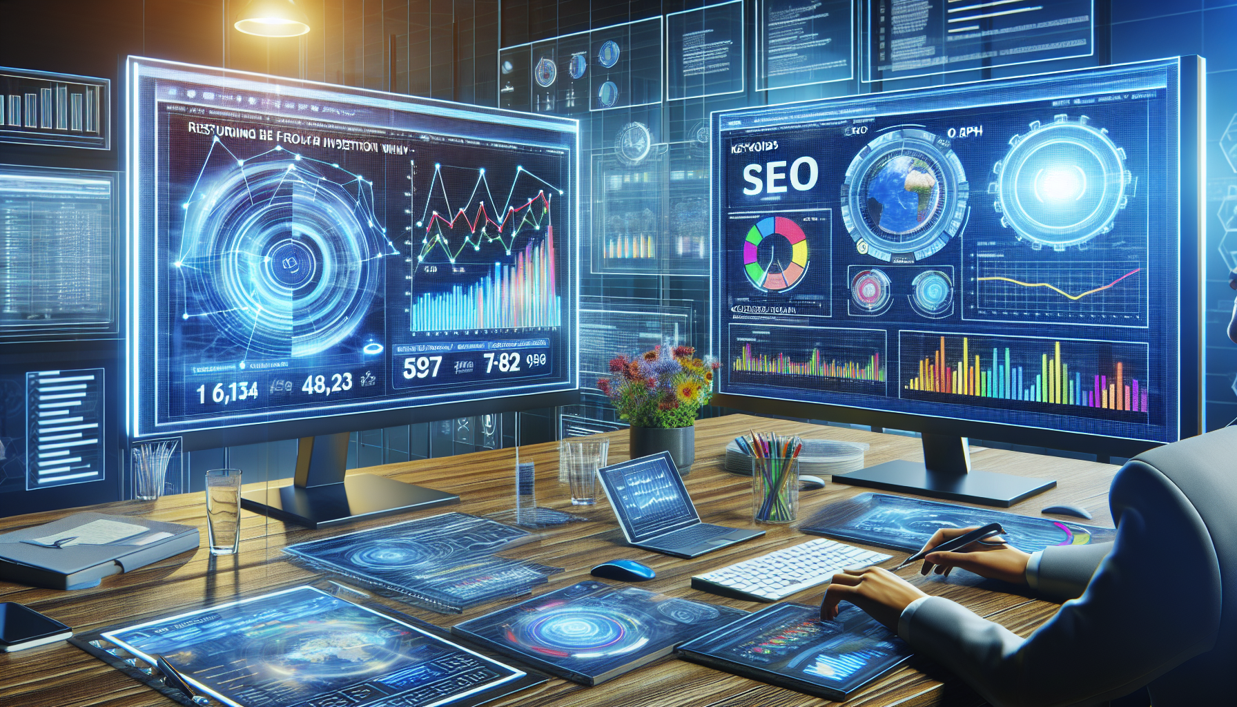 DALL-E create an image of a virtual workspace with two digital screens; one screen displays a detailed SEO analytics graph tracking website traffic and keywords over time, and the other shows a vibrant, dynamic dashboard for managing and tracking Pay-Per-Click advertising campaigns, illustrating immediate statistics such as click-through rates and costs. Surround the screens with digital notes comparing the ROI of SEO versus PPC in an office environment reflecting modern online marketing strategies.