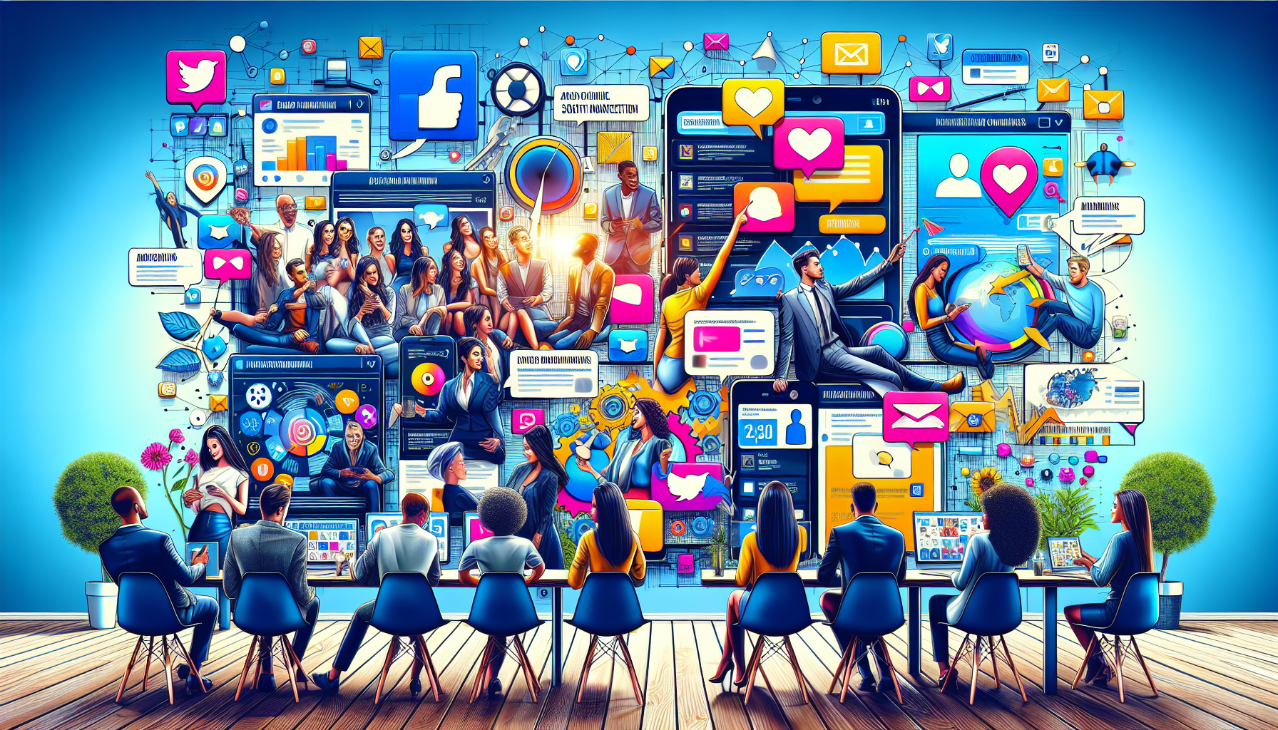 Visual representation of a dynamic social media marketing campaign across various platforms: Displaying engaging content on Facebook, Instagram, and LinkedIn interfaces, highlighting successful brand interaction and growth. The image should include diverse demographic representation interacting with branded posts, showing real-time notifications, likes, and shares, all set in a lively, digital marketing operations room.