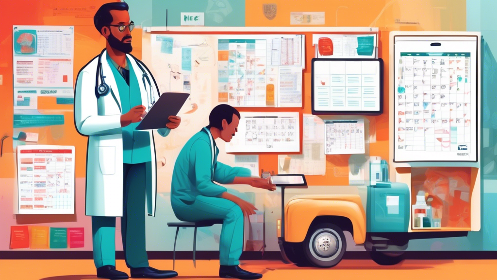 A detailed illustration of a doctor in a white coat conducting a DOT medical exam on a truck driver in a clinic setting, with medical charts displaying the specific requirements and a calendar showing the process timeline on the wall.