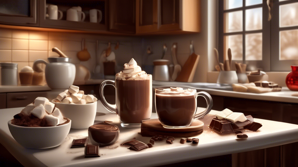 Cozy winter kitchen scene with a person preparing classic hot chocolate using a step-by-step guide. Ingredients like dark chocolate, milk chocolate, and white chocolate are displayed on the counter. In the background, a small guidebook illustrates tips for achieving the perfect creamy texture and flavor balance for hot chocolate.