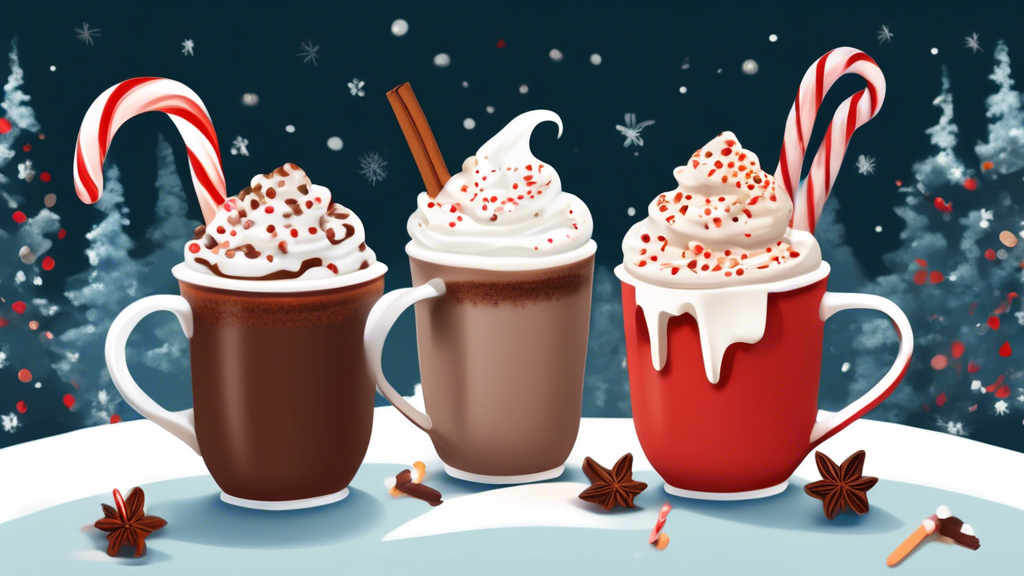 An artistic display of three unique hot chocolate variations in festive mugs, each garnished elaborately: Mexican hot chocolate with a cinnamon stick and chili pepper, a peppermint hot chocolate topped with whipped cream and candy cane pieces, and a creamy vegan hot chocolate with a sprinkle of cocoa and a marshmallow made from almond milk, set against a cozy winter backdrop.