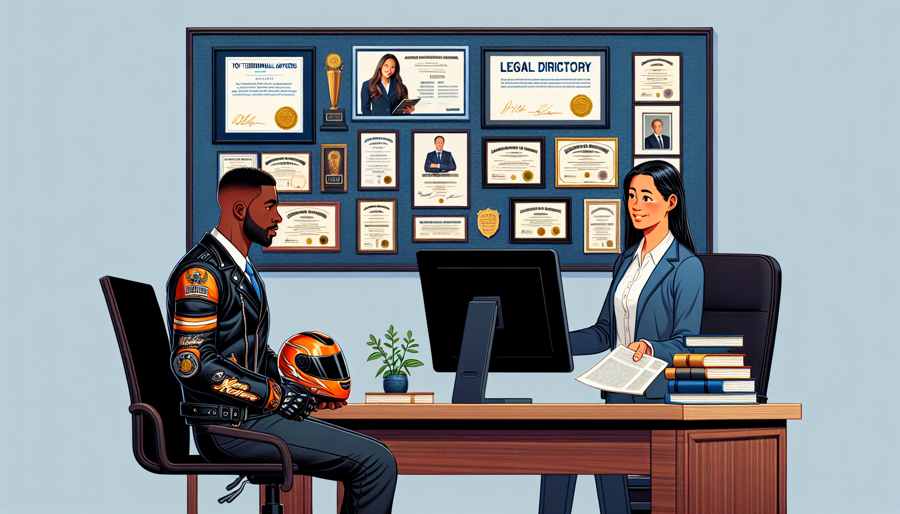 Depict a professional office setting where a client is consulting with a highly reputed motorcycle accident lawyer. The lawyer