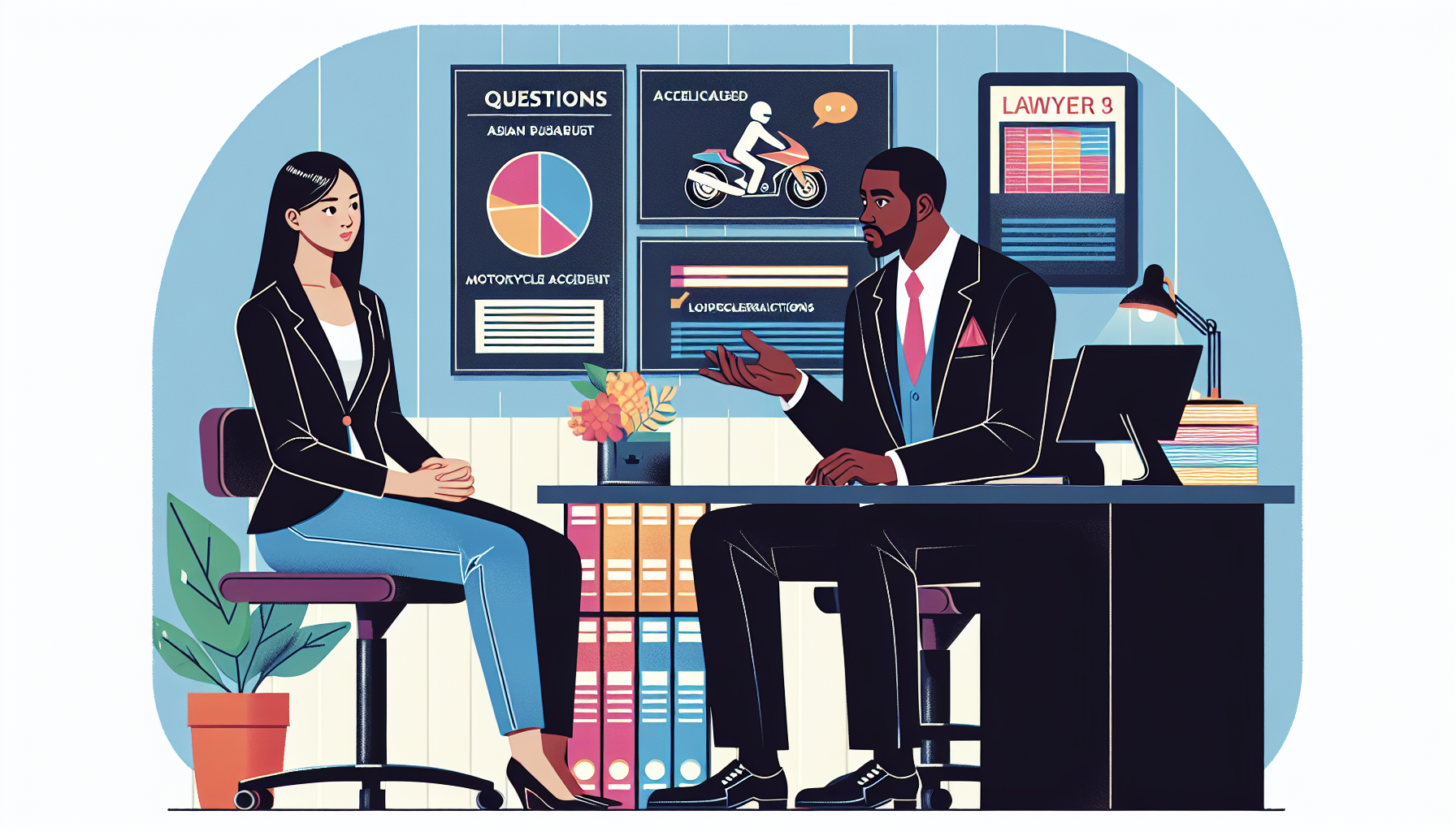 An illustrated scene of a client meeting with a motorcycle accident lawyer in a professional office setting, showcasing the client asking questions from a list while the lawyer attentively listens and explains, with visible brochures or charts on fee structures and an emphasis on a friendly yet professional communication style.