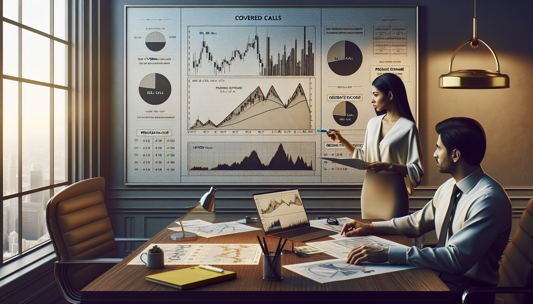 Create an image of a serene, professional office setting. In the foreground, a financial advisor holds a chart labeled Covered Calls, pointing towards a section titled Premium Income with a pen. The advisor is explaining to a client, who follows along attentively. On the desk, a laptop displays a clear diagram of stocks and options, while a notepad has sketches of strategies. In the background, a wall chart illustrates basic concepts of covered calls, featuring stock graphs, call options, and key terms like sell call and generate income.Prompt: A financial advisor explaining covered calls to a client in a professional office setting, with charts and diagrams on the desk and wall illustrating key concepts like stock graphs and premium income.
