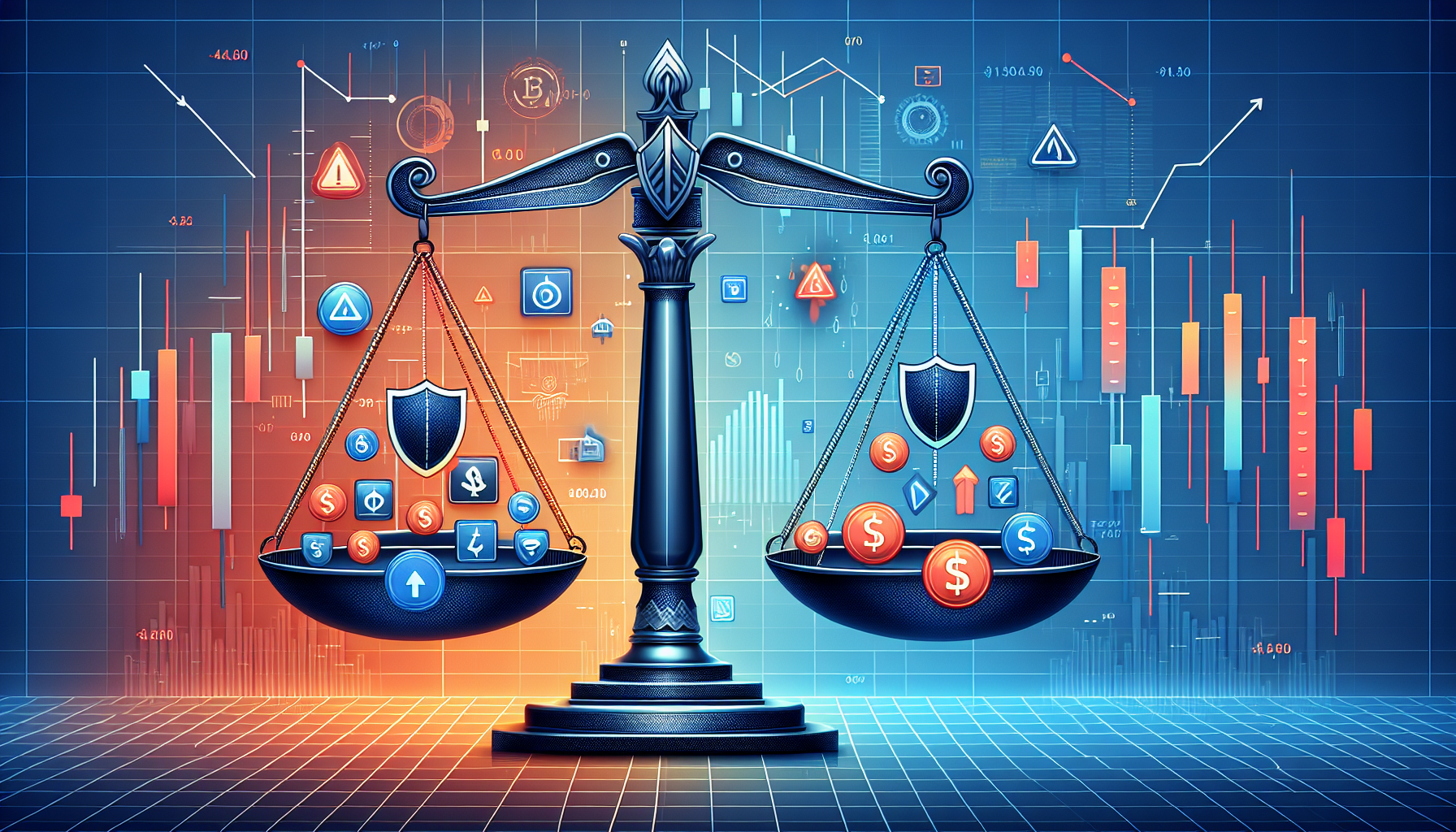 DALL-E Prompt: Create an image illustrating the advantages and risks of using covered calls in investing. The scene should depict a balanced scale, with one side representing the advantages, such as a shield symbol for protection and a dollar sign for income, and the other side showing the risks with icons like a warning sign and a downward arrow for potential losses. The background should convey a financial theme with stock charts and financial symbols.