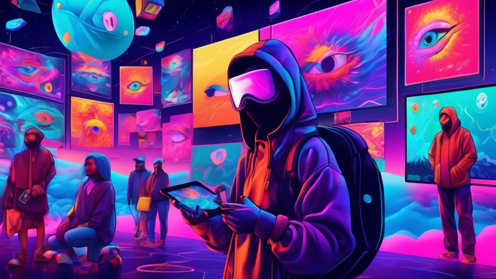 Digital art gallery showcasing various Sei Dusk NFTs, featuring an in-depth view of a unique digital canvas illustrating vibrant, surreal artistic styles interwoven with advanced blockchain technology symbols. Attendees include diverse artists and creators engaging with interactive screens that display information about authenticity, ownership, and NFT minting processes.