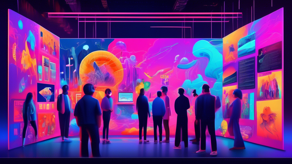 An intricately designed virtual gallery showcasing various digital artworks from the Sei Dusk NFT collection, with diverse groups of people examining these pieces, some discussing and others bidding. In the forefront, a large screen displays fluctuating graphs and market trends associated with these art pieces, symbolizing the investment aspect and volatility of the NFT market.