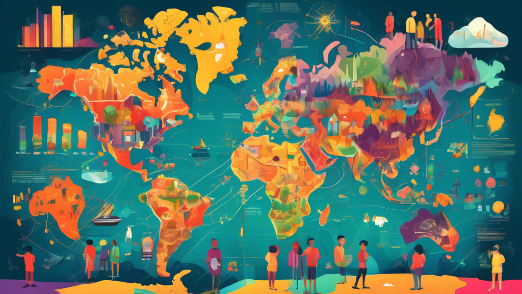 A digital illustration of a colorful, interactive world map with various data layers and symbols representing population, climate, resources, culture and more. Students are gathered around the map, pointing at different regions and discussing what they see with curiosity and interest.