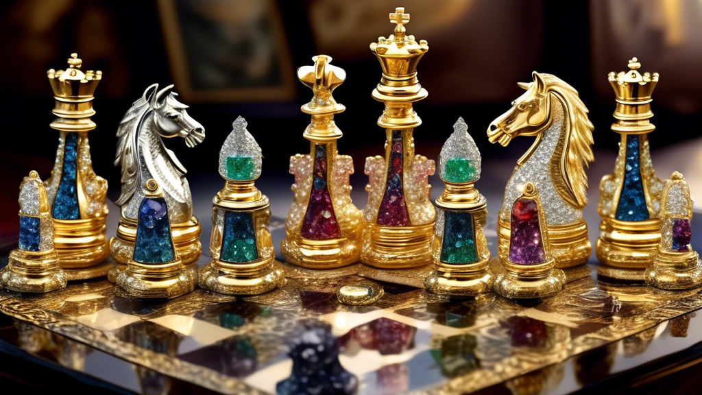 An opulent display featuring the top 10 most expensive chess sets in the world, each adorned with precious metals like gold and silver, and embedded with various gemstones. Highlight craftsmanship details and limited edition labels, surrounded by an elegant setting that emphasizes their luxuriousness.