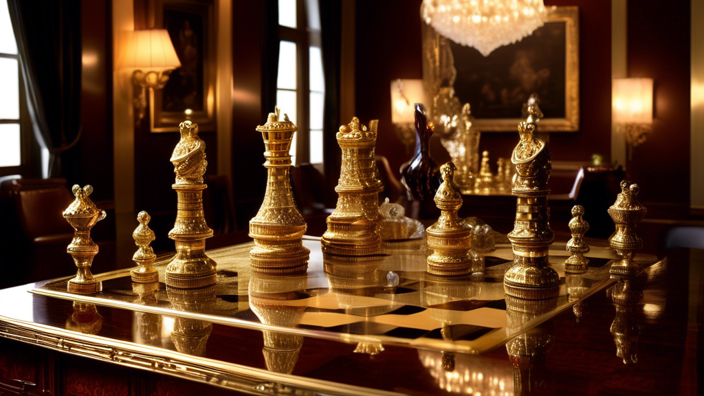 DALL-E prompt: A sophisticated, opulent room with ambient lighting, where a beautifully crafted, expensive chess set made of gold and encrusted with gemstones is prominently displayed on a polished mahogany table. The scene includes a few affluent individuals, elegantly dressed, admiring the set while discussing its artistic and cultural significance, highlighting its role as both a collector