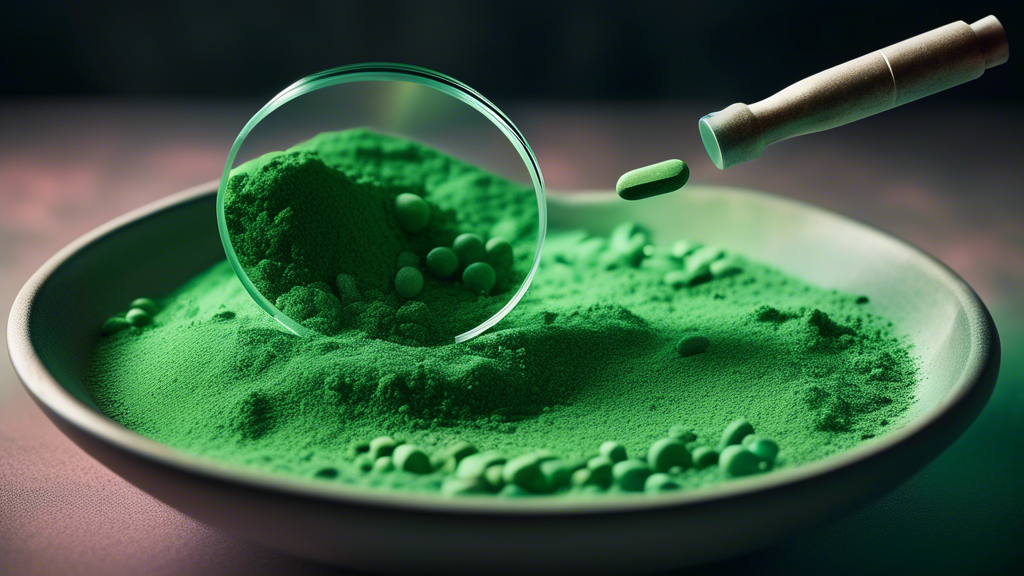 A magnifying glass hovering over a bowl of green powder, with a few scattered capsules around it. The powder has a slightly unsettling texture and color, hinting at potential taste or digestive issues.