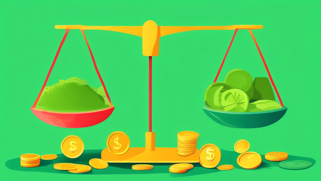 A scale balancing a green smoothie with Benefits written on one side and a pile of coins with Complaints on the other.