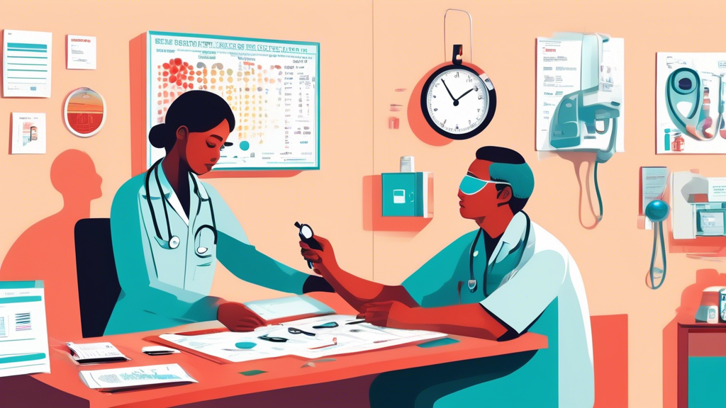 An illustration of a commercial vehicle driver undergoing a DOT medical examination in a clinic, including a doctor conducting vision and blood pressure tests, with medical charts and a visible DOT Medical Card on the desk.