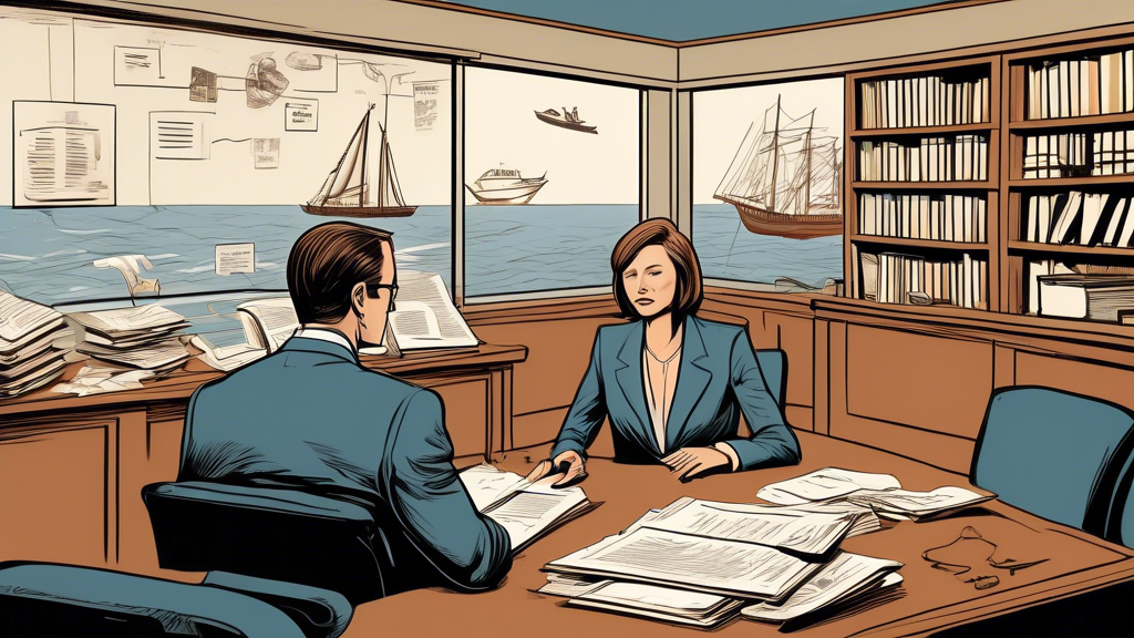 Detailed illustration of a client meeting with a boat accident attorney in a law office setting, emphasizing clear communication and accessibility. The client appears engaged and comforted, having their concerns addressed thoroughly, surrounded by maritime law books and a whiteboard filled with notes on legal strategies. Visual elements emphasize the specialized environment, highlighting the attorney