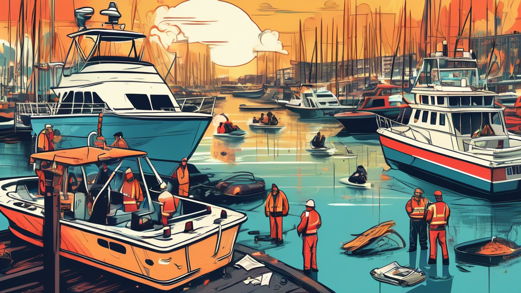 Create an image of a chaotic boat accident scene with emergency responders and a distressed boater collecting evidence. In the background, a professional boat accident attorney is taking notes, set against the backdrop of a busy marina.