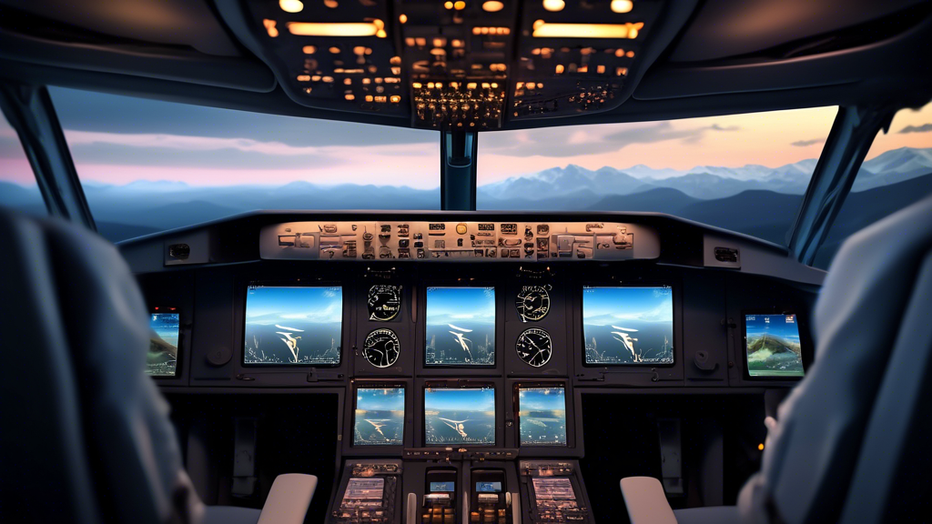 Create an image of a modern commercial airplane cockpit, focusing on advanced navigation and safety systems. Through the windows, a clear view of mountainous terrain at dusk is visible, with gentle cloud cover. The scene should convey a sense of vigilance and precision, highlighting the importance of CFIT (Controlled Flight Into Terrain) prevention in aviation. Include subtle safety infographic elements on the side, like altitude measurements and terrain awareness warning system alerts, to emphasize the focus on flight safety and prevention.