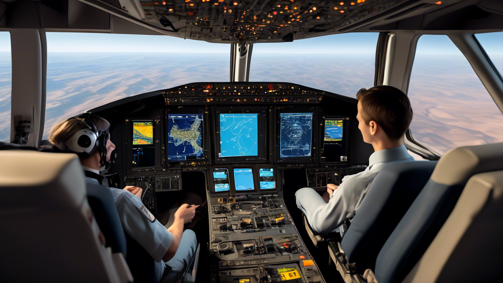 Create an image showing advanced aviation technology for CFIT (Controlled Flight Into Terrain) prevention: a modern cockpit interior with pilots interacting with Terrain Awareness and Warning Systems (TAWS), displaying detailed terrain maps and alerts. Include elements of pilot training, such as manuals and training certificates, emphasizing continuous education. Highlight procedural checklists and standardized operation protocols visually integrated into the cockpit environment. The scene should reflect a high-tech, safety-oriented atmosphere with clear focus on CFIT prevention.