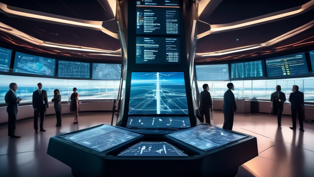 A futuristic airport control tower, illuminated with modern technology interfaces, showing flight path analytics on large digital screens. High-tech aircraft with advanced safety features are seen on the runway. In the background, representatives from international organizations like ICAO and FAA are collaborating, examining secure flight protocols and discussing newly implemented regulations. The scene highlights recent innovations and the evolving future of aviation safety against CFIT incidents.