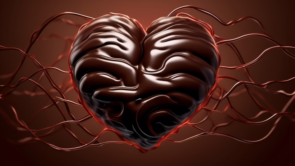 An artistic depiction of a heart made out of flowing dark chocolate to symbolize cardiovascular benefits, surrounded by illustrated brain waves and a glucose molecule, representing enhanced brain function and potential diabetes risk reduction.