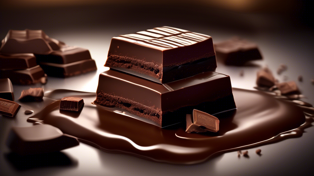 An elegant gourmet scene featuring a few bars of high-quality dark chocolate with a cocoa percentage label next to them, a chef preparing a dark chocolate dessert in a modern kitchen, and a detailed close-up of a melting chocolate piece highlighting its smooth texture and rich color, all encapsulated in a luxurious and sensory-inviting atmosphere.