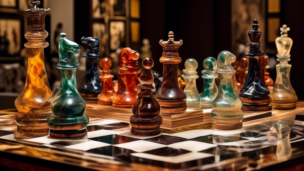 An artistic display featuring a range of fancy chess boards with various materials such as richly veined marble, polished wood, and translucent glass, alongside themed chess sets depicting historical figures, modern art influences, and fictional characters, all showcased in a luxurious, well-lit gallery setting.