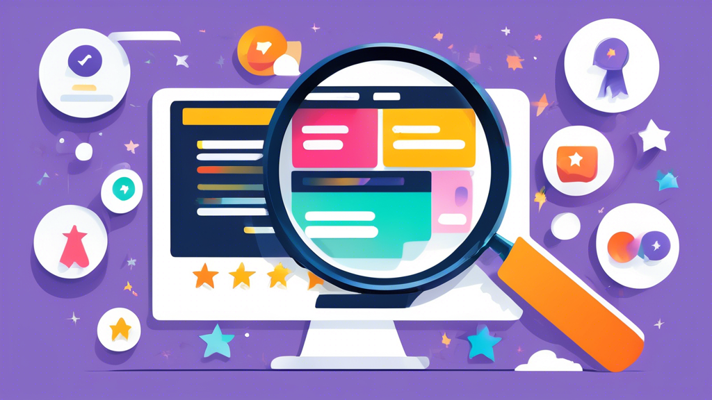 A magnifying glass hovering over a computer screen displaying a mix of positive and negative customer reviews for Trendingcustom.com. Include elements like star ratings, comments about shipping, product quality, and customer service.