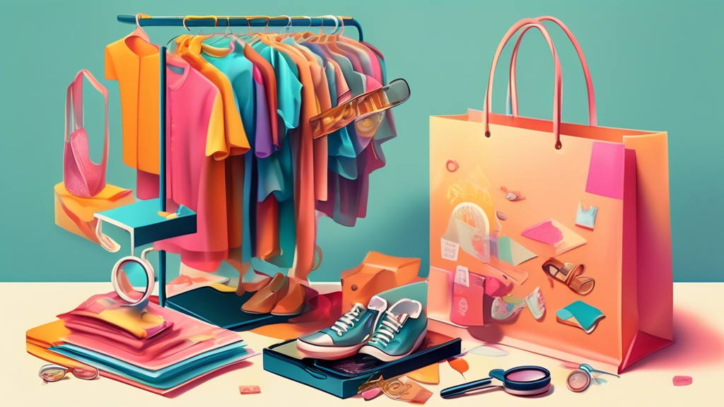 A scale delicately balancing a shopping bag overflowing with customized clothing and accessories, with a magnifying glass hovering over it, inspecting its details.