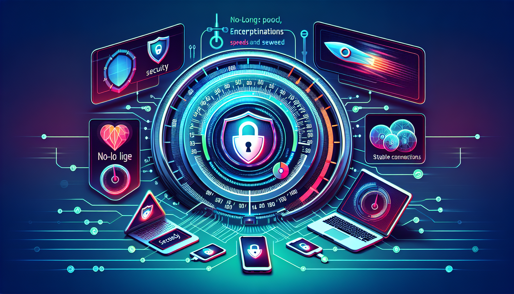 Create an image that illustrates key factors for evaluating VPNs in 2023. Display a secure lock with shield icons, a speedometer, and a simple user interface on multiple devices. Highlight encryption protocols, no-log policies, fast and stable connections with different servers, and compatibility with various operating systems. Use a clean, modern design and vibrant colors to represent security, speed, and usability effectively.