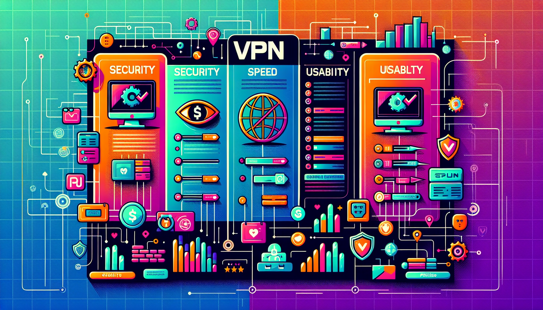 Create an image titled Comparación de las Mejores VPNs Disponibles en 2023. Featuring a clean, modern comparison chart with icons and logos of NordVPN, ExpressVPN, and Surfshark. Include clear, concise pros and cons for each VPN provider, focusing on aspects like security, speed, usability, and price. The chart should have colorful sections, easy-to-read text, and a professional layout. Use a digital, tech-themed background to emphasize the technological aspect of VPNs.