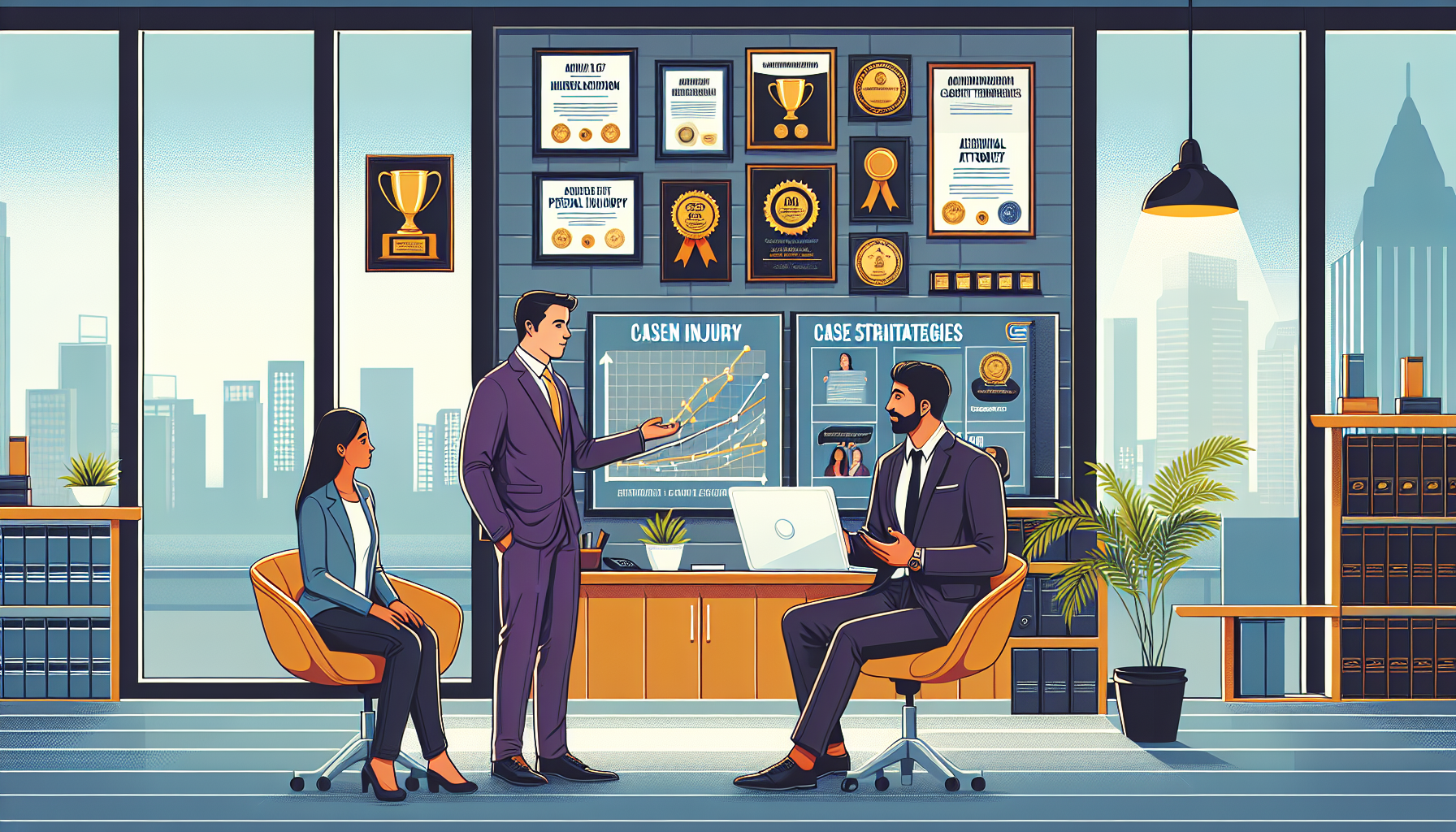 Detailed illustration of a client meeting with a personal injury attorney in a well-lit, professional office environment, displaying a wall filled with awards and certificates. The attorney is showing a large map of case strategies and client testimonials on a digital screen, while the client attentively listens and takes notes. The scene emphasizes the accessibility of the attorney’s office, which is clearly located in an urban setting visible through the window.