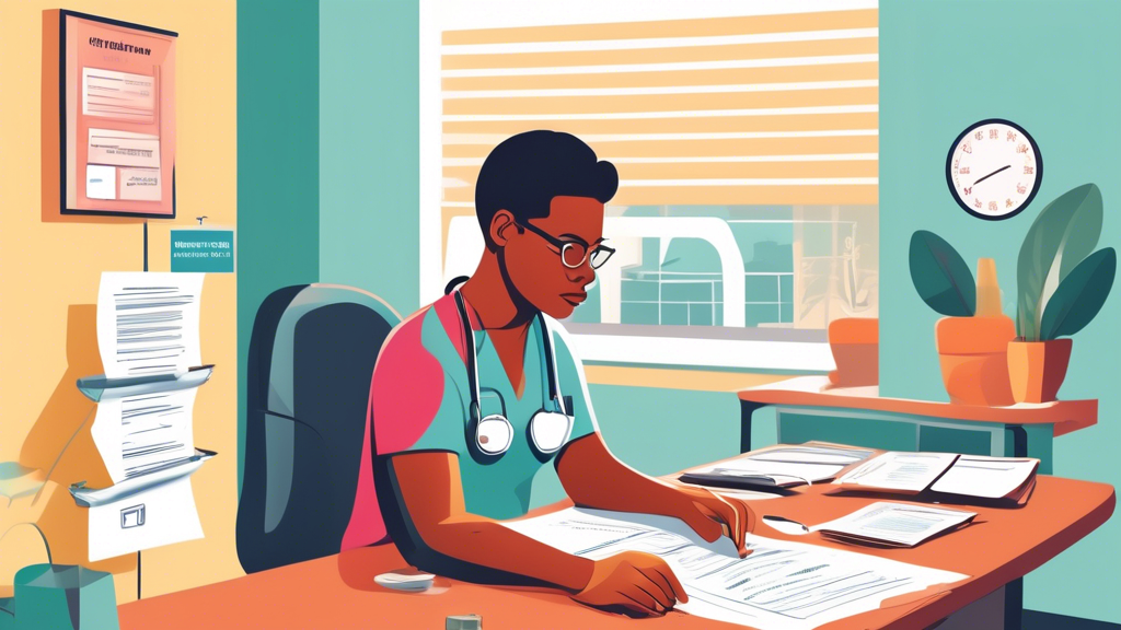 An illustrated scene depicting a person preparing for a CDL physical exam, organizing essential documents and undergoing vision and hearing tests in a professional medical office, with helpful tips and guidelines listed visibly in the background.