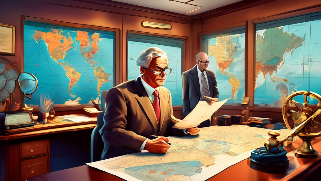 An experienced boat lawyer in an office filled with maritime artifacts, intensely discussing regulations with a client while pointing at documents on a desk, with a digital map showing shipping routes in the background.