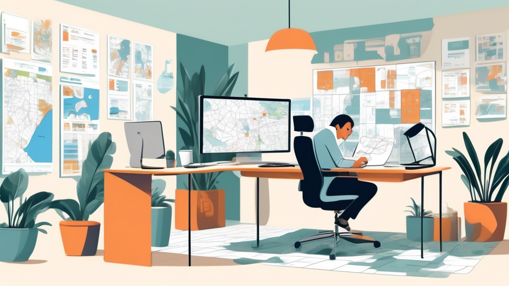 An illustrated scene showing a person selling multiple bulk properties in Florida without a realtor: The image features a modern office setting with a large map of Florida on the wall, displaying multiple highlighted property locations. The person is sitting at a desk, surrounded by documents, a laptop open to a property listing website, and various real estate tools like a 