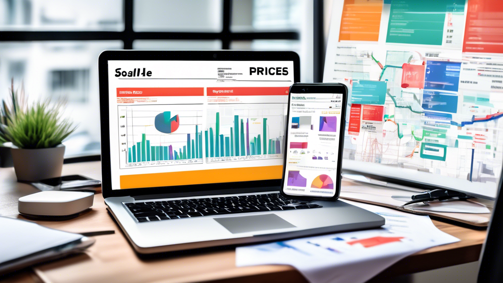 An organized workspace with a person reviewing property inspection reports and repair estimates, a laptop displaying market research data and graphs on Florida real estate prices, and a phone showing various online property listings. In the background, properties are highlighted with 