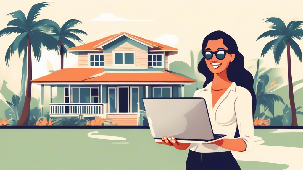 Create an image depicting a person successfully selling multiple bulk properties in Florida without a realtor. Show a laptop with online property listings, digital marketing techniques like social media ads and email campaigns, and various Florida properties such as houses, condos, and plots of land. The backdrop should include palm trees, beaches, and a 