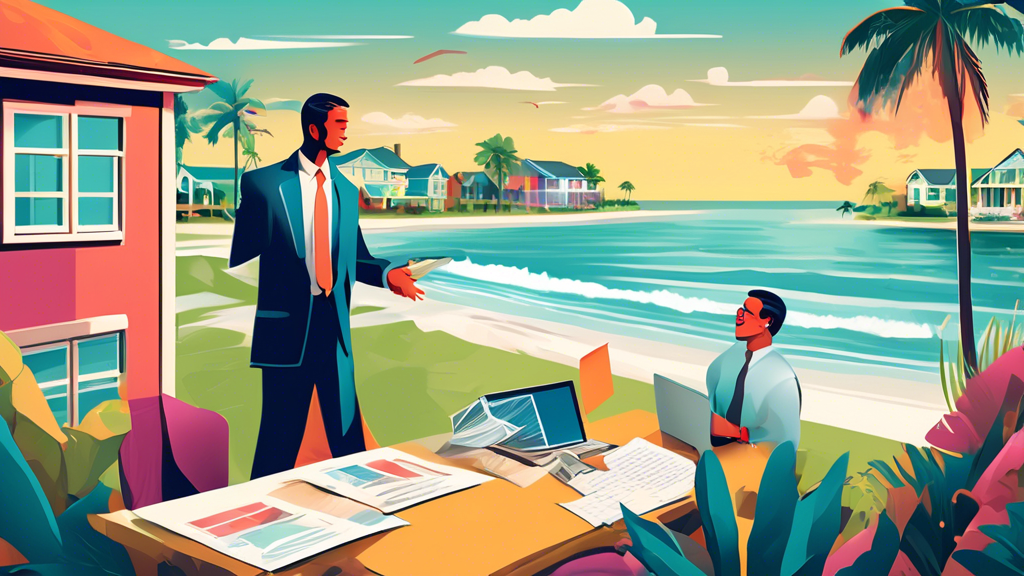 A detailed illustration of a businessperson successfully negotiating and managing the sale of multiple bulk properties in Florida, complete with tropical scenery, property documents, a digital platform interface, and highlighted cost savings from not using a realtor.