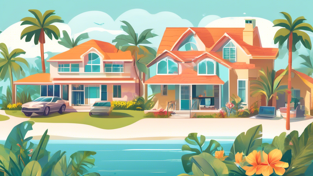 Create an image depicting a step-by-step guide for selling multiple bulk Florida properties without a realtor. The illustration should include elements such as a checklist for property preparation, a laptop with online listing platforms, a smartphone with social media icons, a document labeled 