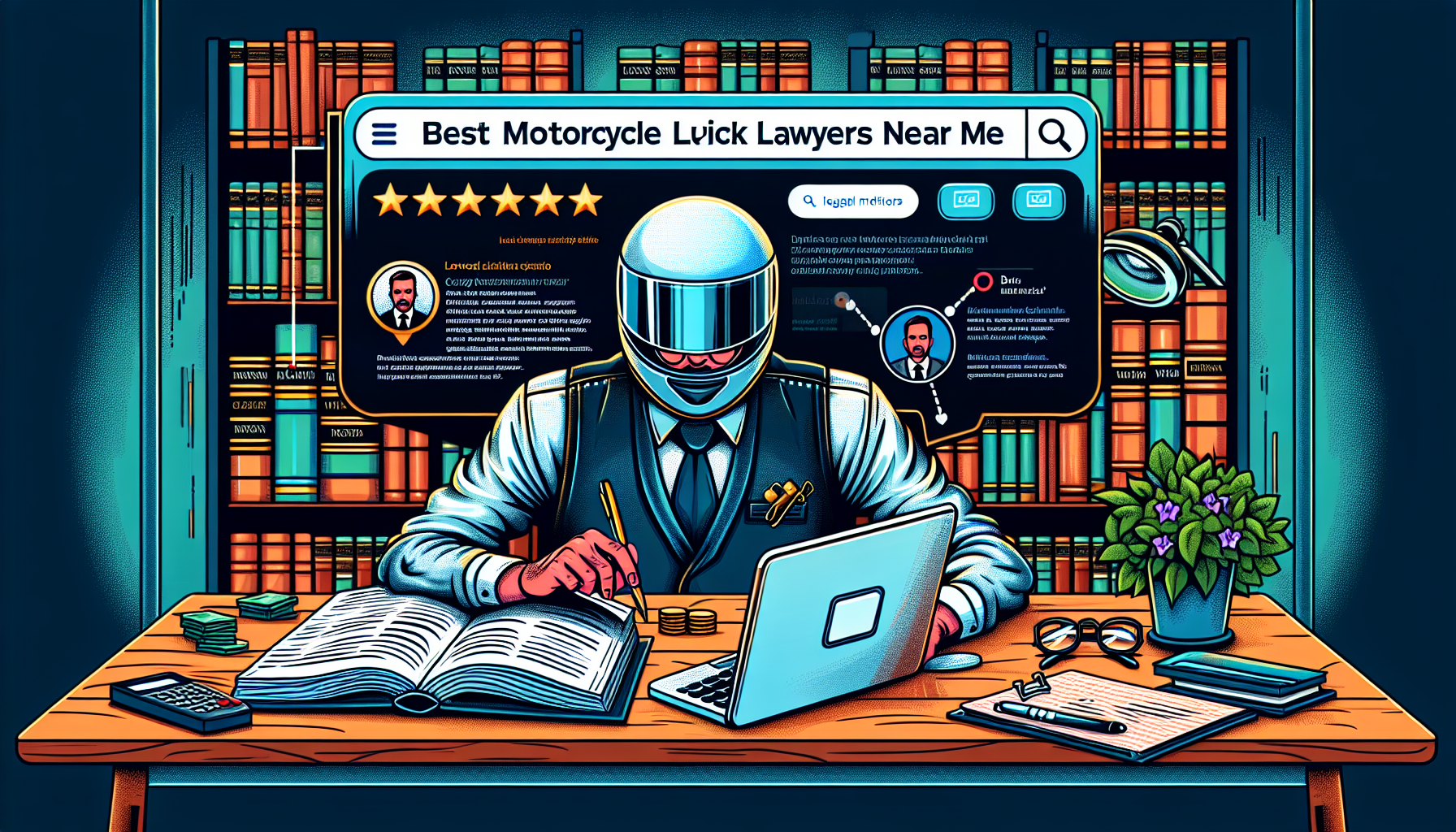An illustration of a biker sitting at a desk with a laptop, brightly lit bookshelves and legal books in the background, actively searching online under a search bar with 