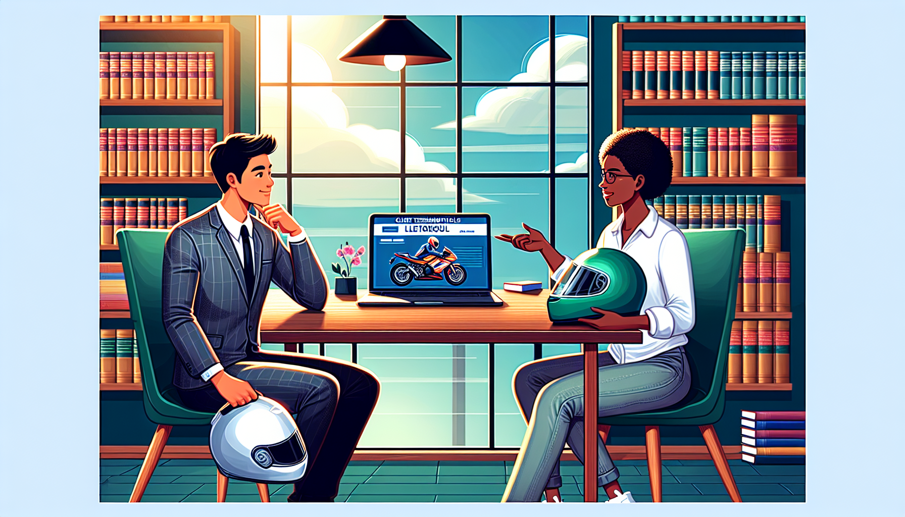 Digital art depicting a friendly and professional consultation session in a well-lit modern law office, where a potential client, a motorcyclist with a helmet in hand, is thoughtfully discussing options with a focused motorcycle lawyer, surrounded by legal books and a laptop showing 